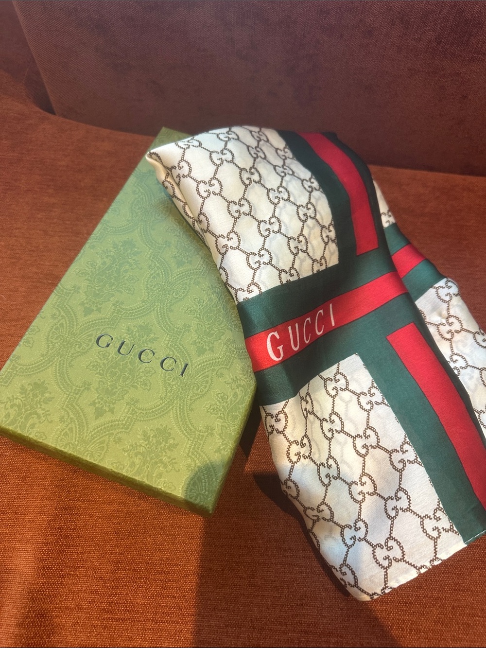 NWT Gucci Cream Silk Shaw/Scarf with Red and Green Web Stripe